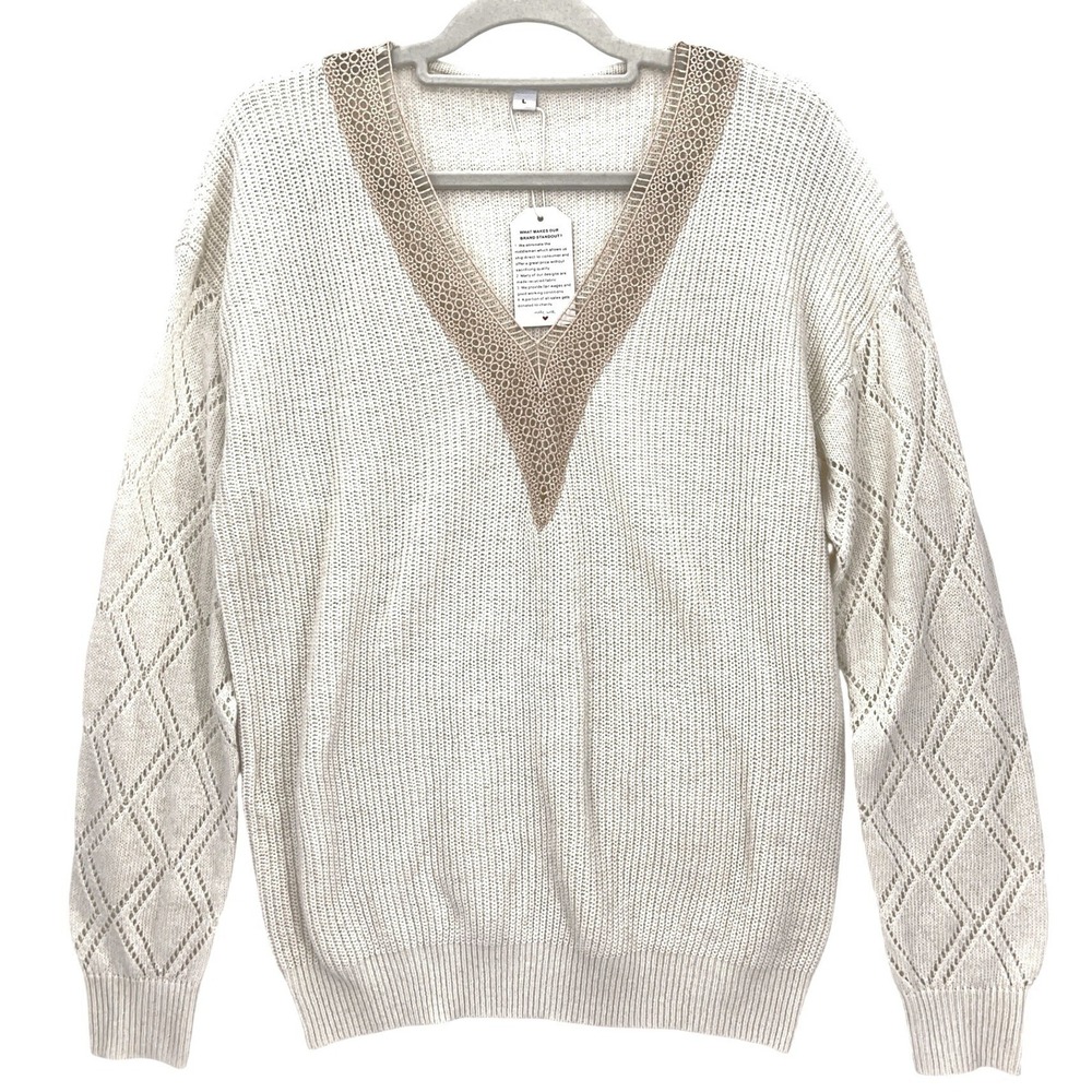 Made With Love Cream V-Neck Crochet Trim Pointelle Sleeve Sweater L